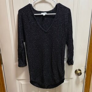 New York & Company Shimmering Glitter Black Silver V neck tunic length Sweater